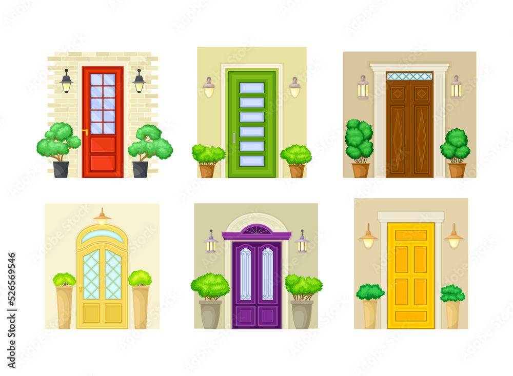 Colorful Door Facade on Wall with Green Bushes in Cachepot and Light Vector Set
