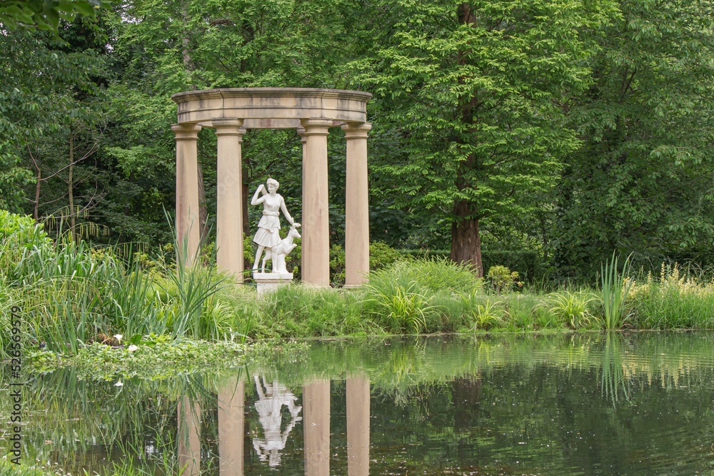Beautiful scenery of the statue of Goddess Diana in a stone temple near