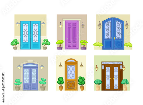 Colorful Door Facade on Wall with Green Bushes in Cachepot and Light Vector Set