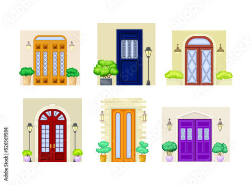Colorful Door Facade on Wall with Green Bushes in Cachepot and Light Vector Set