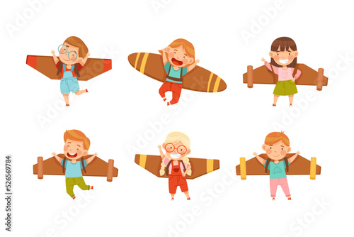 Cheerful Kids with Improvised Fake Wings Flying and Playing Vector Set