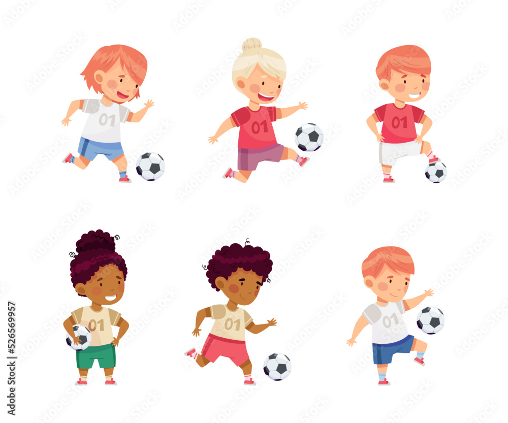 Little Boy and Girl in Sports Shirt and Shorts Playing Football Kicking Ball and Scoring Goal Vector Set