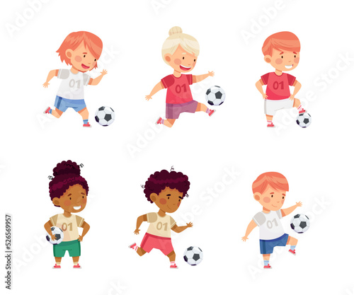 Little Boy and Girl in Sports Shirt and Shorts Playing Football Kicking Ball and Scoring Goal Vector Set