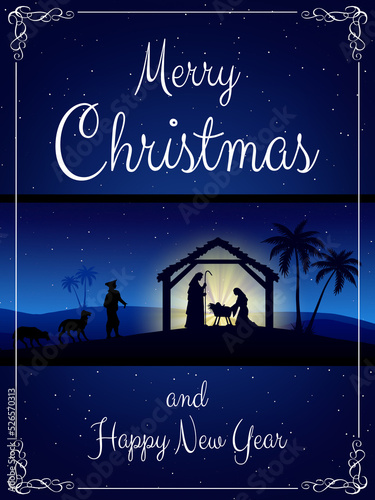 Chritmas Nativity Scene greeting card on blue background