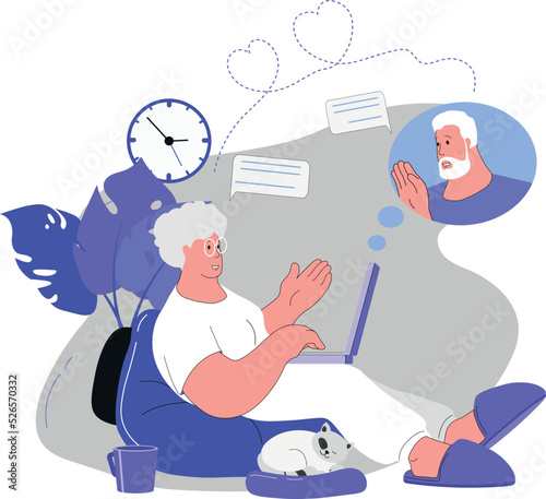 Elderly people communicate online. An elderly woman expresses romantic feelings in a chat. Vector illustration people send messages and chat nicely on the internet