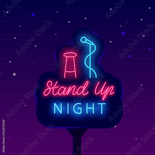 Stand up night neon street billboard. Comedy show banner. Light advertising. Vector stock illustration