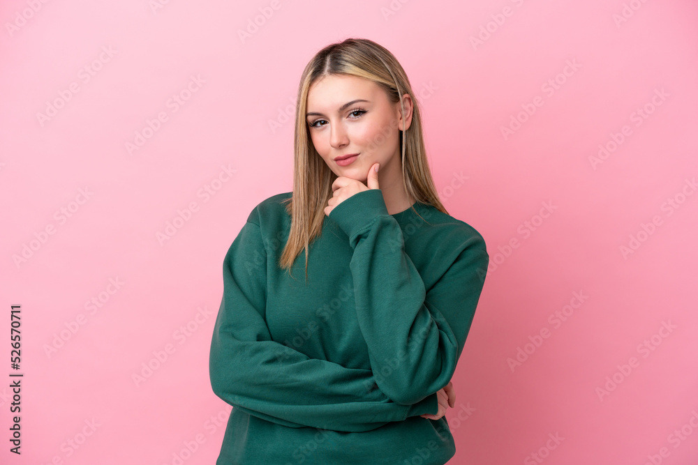 Young caucasian woman isolated on pink background thinking Young caucasian woman isolated on pink background thinking