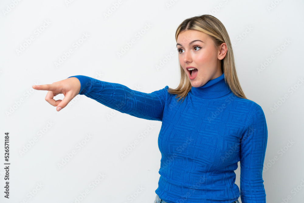 Young caucasian woman isolated on white background pointing away Young caucasian woman isolated on white background pointing away