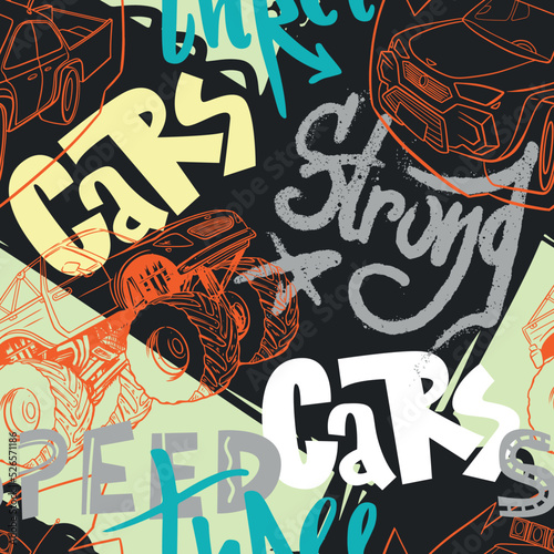 Abstract seamless cars pattern for boy on background. Childish style wheel auto repeated backdrop