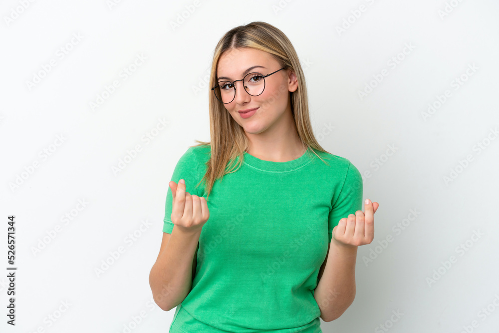 Young caucasian woman isolated on white background making money gesture Young caucasian woman isolated on white background making money gesture