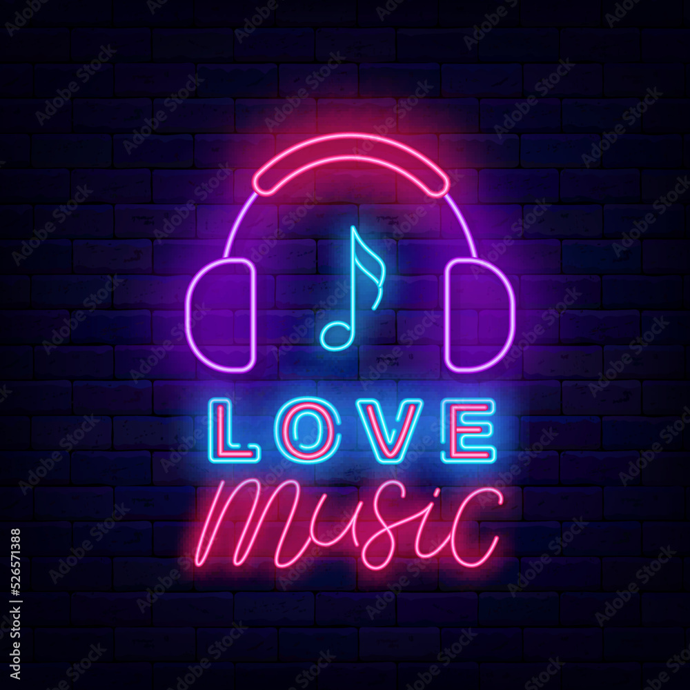 Love music neon signboard. Shiny lettering. Headphones and note. Talent show and karaoke emblem. Vector illustration