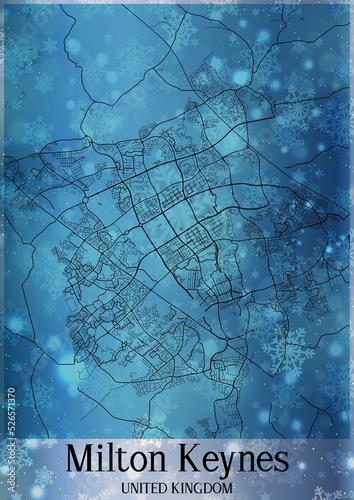 Christmas background, Chirstmas map of Milton Keynes United Kingdom, greeting card on blue background. photo