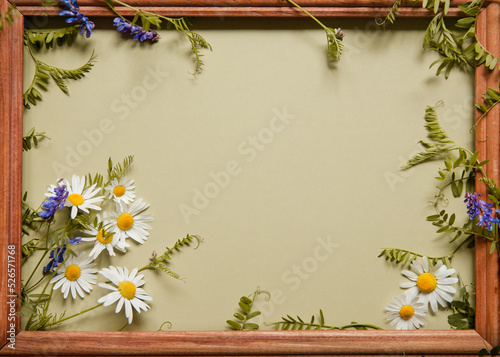 Wild flowers frame on paper background. Top view, flat lay. Flower frame with a text space.