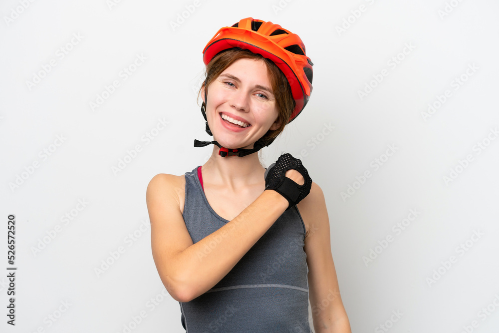 Young cyclist English woman isolated on white background celebrating a victory Young cyclist English woman isolated on white background celebrating a victory