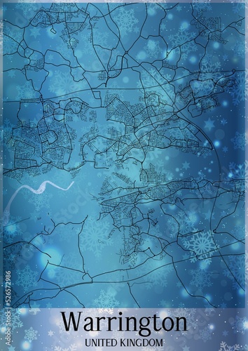 Christmas background, Chirstmas map of Warrington United Kingdom, greeting card on blue background.