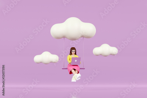 Cloud computing, remote work on company cloud infrastructure, technology to connect people concept, people businessman working with computer laptop on swing suspend on cloud