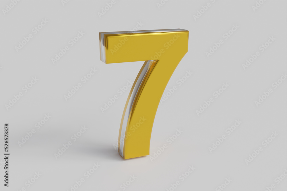 Letter number Seven 3D render gold font with silver outline isolated white background. Clipping path Letter number Seven 3D render gold font with silver outline isolated white background. Clipping path
