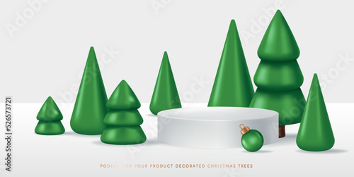 Podium for your product decorated Green Christmas trees. Realistic Vector illustration in 3D style