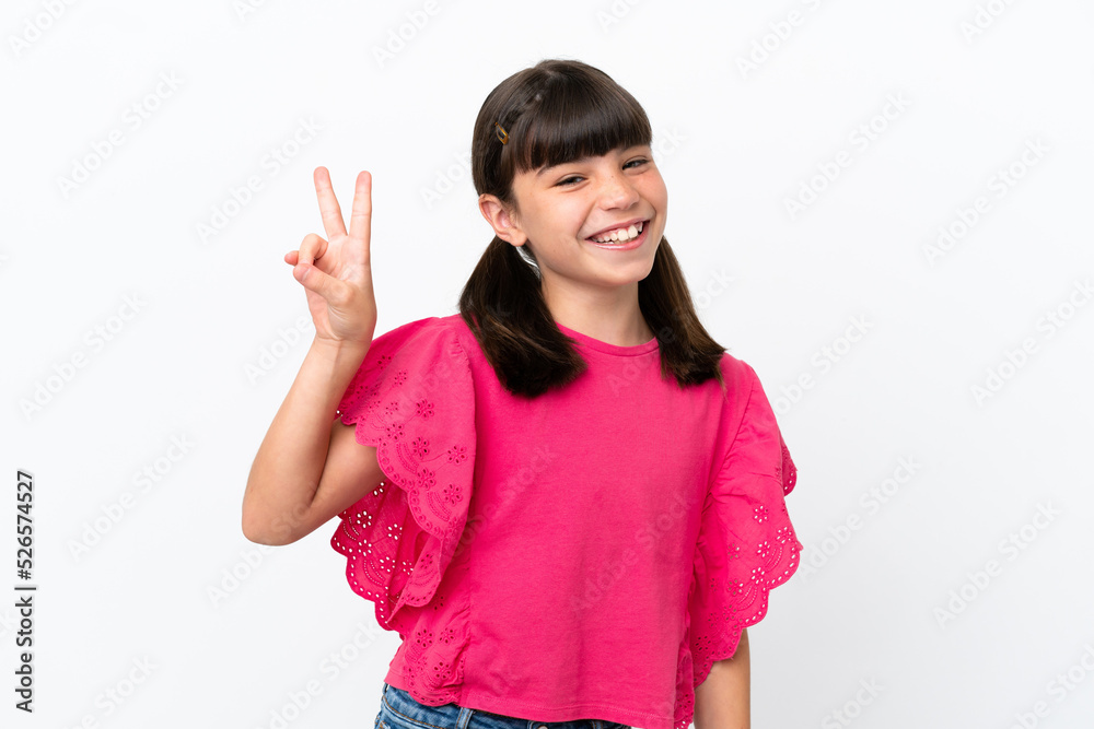 Little caucasian kid isolated on white background smiling and showing victory sign Little caucasian kid isolated on white background smiling and showing victory sign
