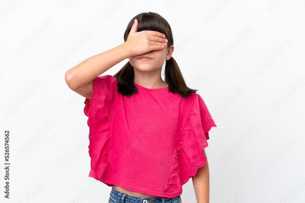 Little caucasian kid isolated on white background covering eyes by hands. Do not want to see something Little caucasian kid isolated on white background covering eyes by hands. Do not want to see something