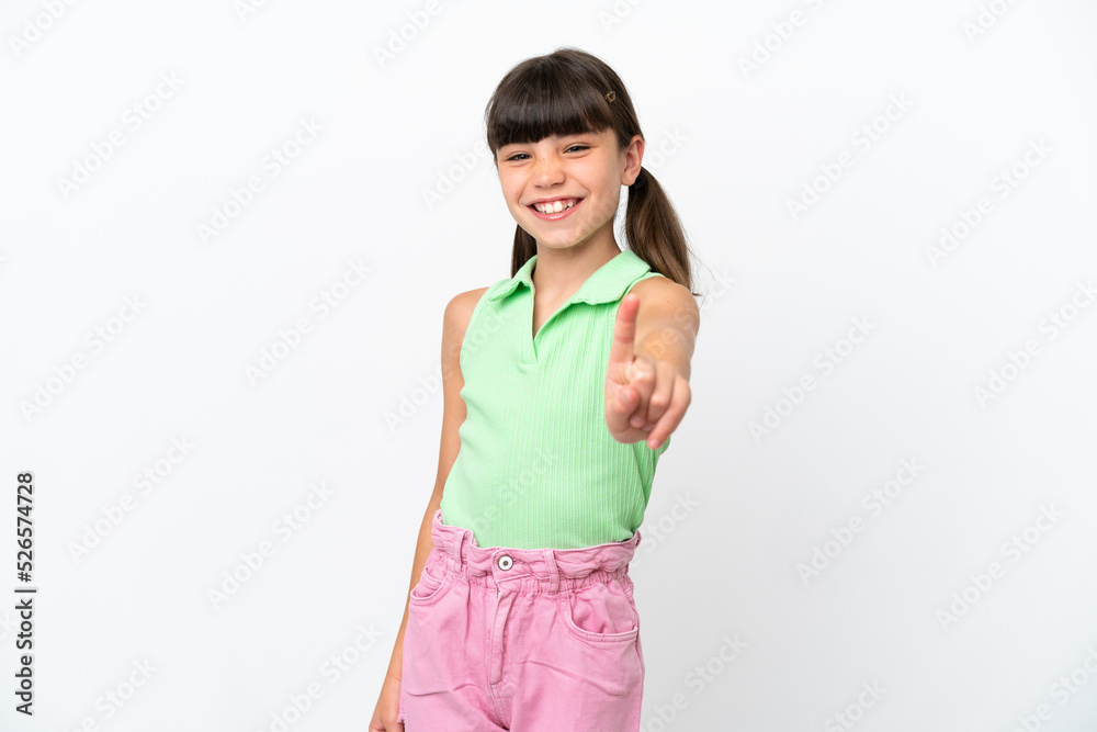 Little caucasian kid isolated on white background showing and lifting a finger Little caucasian kid isolated on white background showing and lifting a finger
