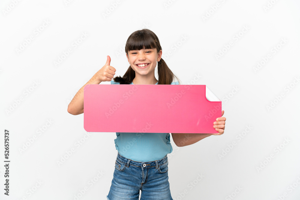 Little caucasian kid isolated on white background holding an empty placard with thumb up Little caucasian kid isolated on white background holding an empty placard with thumb up