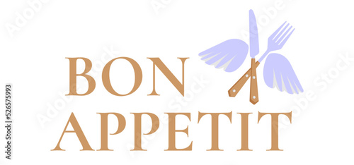 Bon appetit writing with fork and knife. Cutlery fork and spoon with plants. vector sketch. hand drawing isolated	
