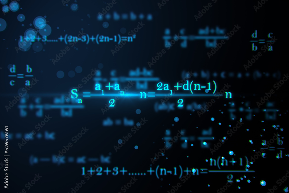 Glowing mathematical formulas on blue background. Education, knowledge and statistics concept. 3D Rendering.