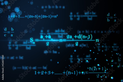 Glowing mathematical formulas on blue background. Education, knowledge and statistics concept. 3D Rendering.