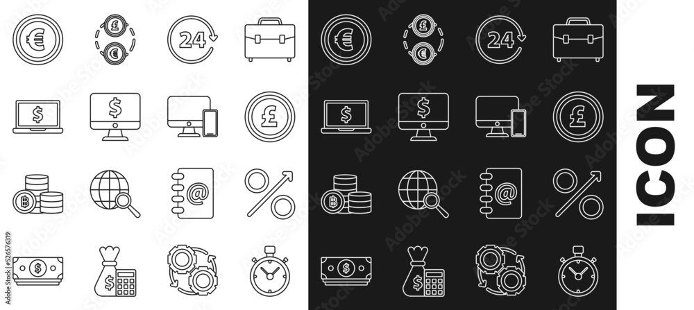 Set line Stopwatch, Percent up arrow, Coin money with pound sterling symbol, Clock 24 hours, Computer monitor dollar, Laptop, euro and and mobile phone icon. Vector Set line Stopwatch, Percent up arrow, Coin money with pound sterling symbol, Clock 24 hours, Computer monitor dollar, Laptop, euro and and mobile phone icon. Vector