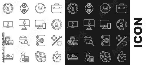 Set line Stopwatch, Percent up arrow, Coin money with pound sterling symbol, Clock 24 hours, Computer monitor dollar, Laptop, euro and and mobile phone icon. Vector