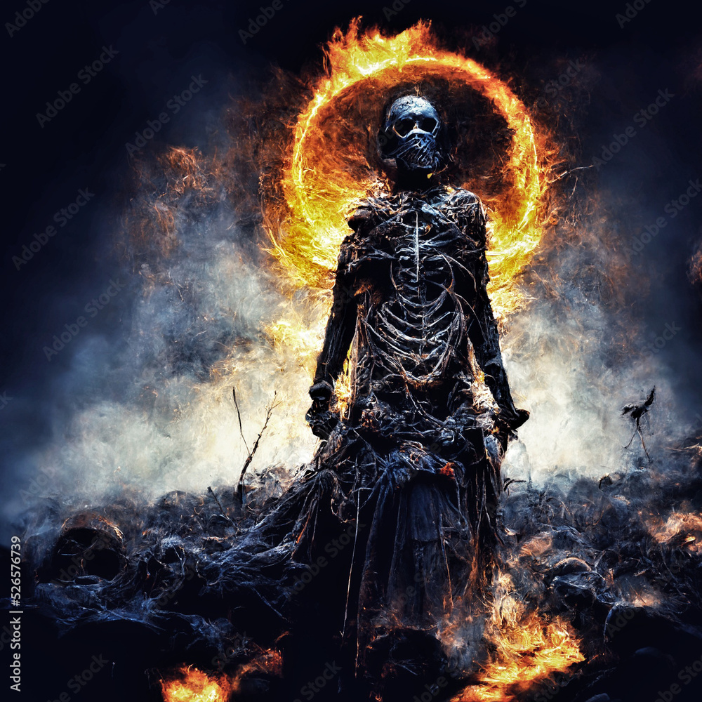 Walking skeleton with black dress with a fire ring in the background. Walking skeleton with black dress with a fire ring in the background.