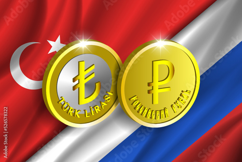 Vector political and economic poster. 3d coins. The inscriptions mean Turkish lira and Russian ruble. Symbols of currency of Turkey and Russia. Wavy flags of countries
