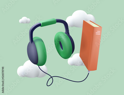 Audio book vector illustration. 3D listening audiobook. Listening to books by headphones. Smart learning audio lesson.