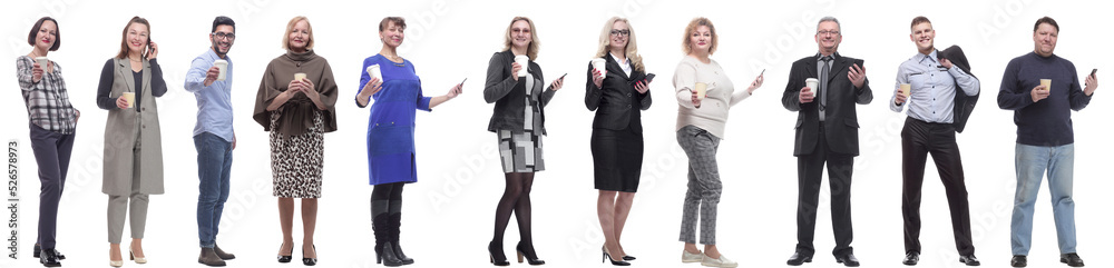 collage people holding coffee in hands isolated on white collage people holding coffee in hands isolated on white