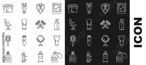 Set line Aftershave, Shaving brush, Cream or lotion cosmetic tube, Scissors hairdresser and shield, Barbershop chair, building and Crossed shaving razor icon. Vector