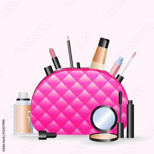 cosmetic bag and make up artist objects: mascara, lipstick, eyeliner, concealer, powder, lip gloss. Vector illustration.