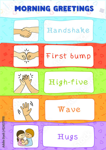 Classroom morning greetings, hug, hand shake, first bump, wave, high five