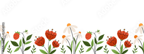 Floral summer border with cute hand drawn poppies, daisies and strawberries on white background. Seamless vector template. Garden flowers for cards, invitations, printing on any surface