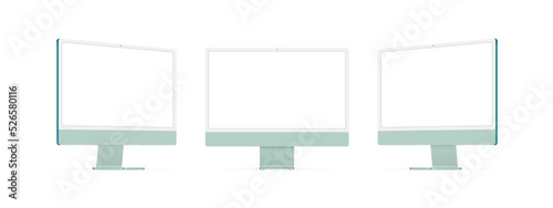 Green Monitors With Blank Screens, Front and Side View, Isolated on White Background. Vector Illustration