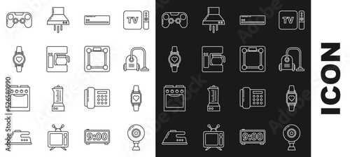 Set line Web camera, Smart watch showing heart beat rate, Vacuum cleaner, Air conditioner, Coffee machine with glass pot, Gamepad and Bathroom scales icon. Vector