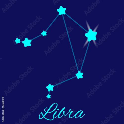 Libra Zodiac Sign Stars on the Cosmic Sky. Vector illustration of bright blue star planet zodiacal symbols Astrology, Esoteric. Design for web pages and placard for birthday card