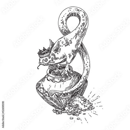 Cute ancient dragon guards a hug of gold. Sketch tattoo. Engraving style. Vector illustration.