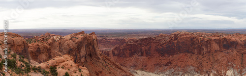 Scenic Panoramic View of American Landscape and Red Rock Mountains in Desert Canyon. Colorful Sky. Canyonlands National Park. Utah, United States. Nature Background Panorama © edb3_16