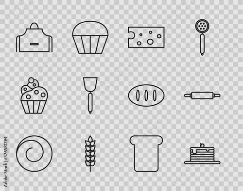 Set line Roll bun with cinnamon, Stack of pancakes, Cheese, Cereals rice, wheat, corn, oats, rye, Kitchen apron, Spatula, Bread toast and Rolling pin icon. Vector