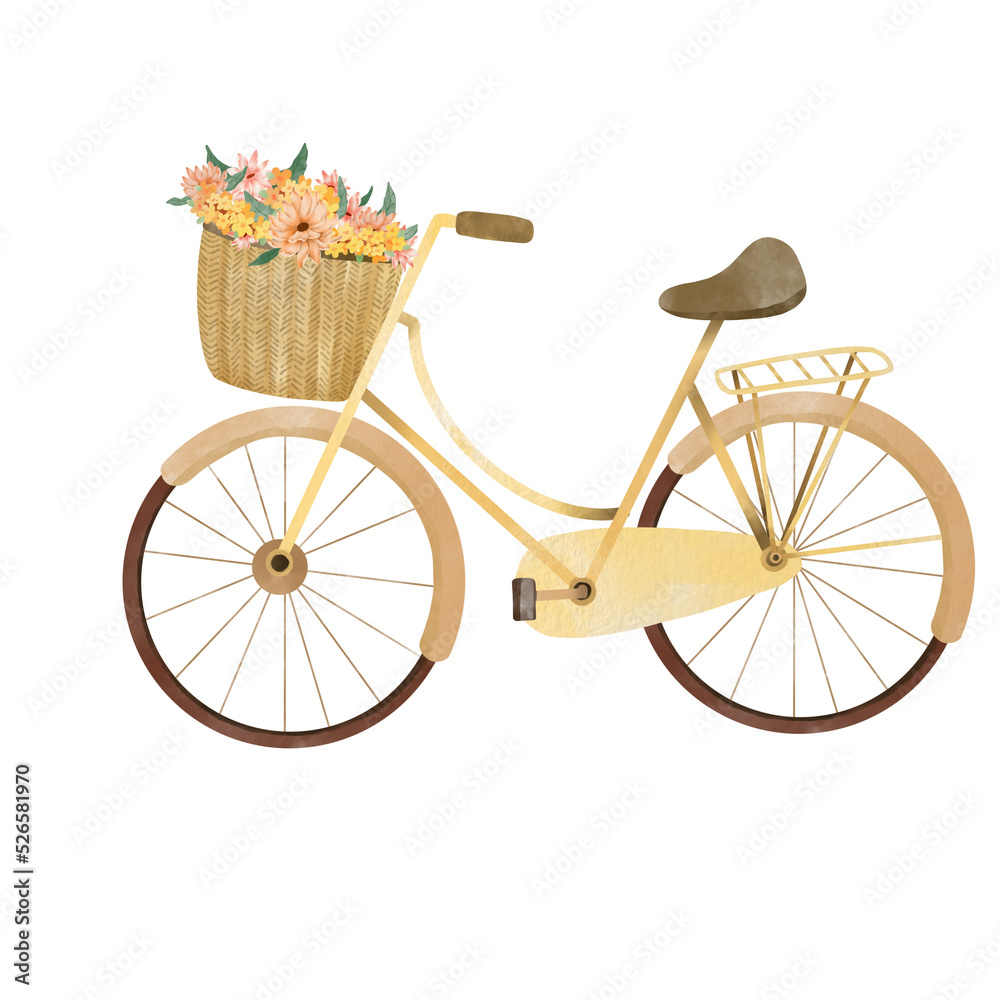 Hand painted Watercolor vintage bicycle with basket of flowers suitable for invitation, card etc