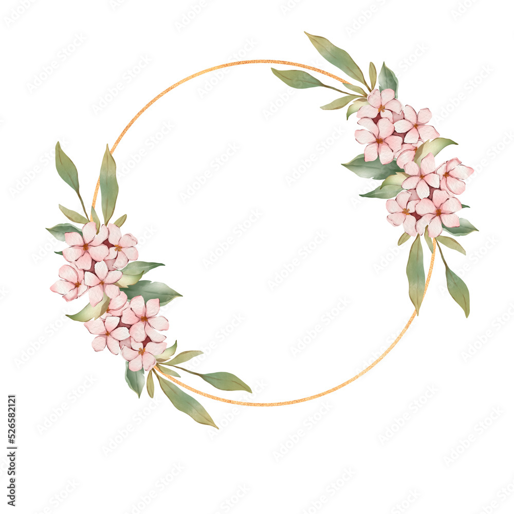 hand painted pink flower frame. Watercolor cherry blossom wreath suitable for wedding, invitation, card etc