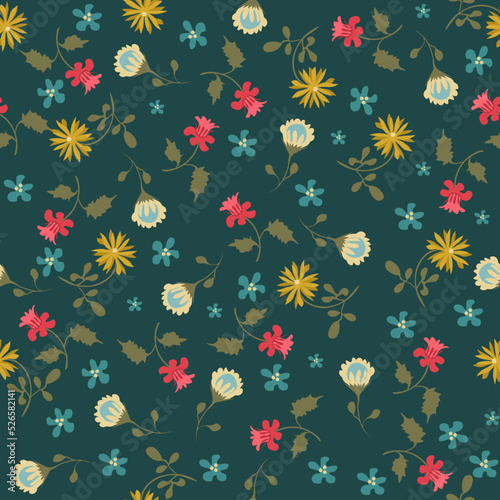 Vector seamless pattern with small scattered bright  flowers, dark leaves on blue background. Liberty style print. Simple ditsy texture. Modern repeat design for wallpaper, fabric, textile, linen