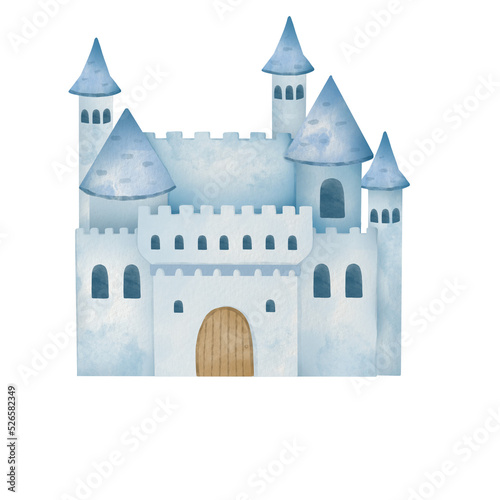 Hand painted illustration of blue castle. Watercolor palace isolated illustration suitable for card, decoration, baby shower, etc