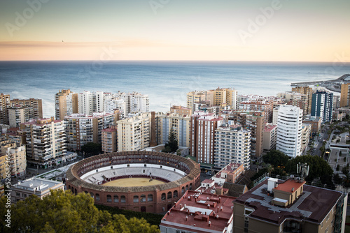 Málaga, Spain, view of the Plaza de Toros and see on a sunset